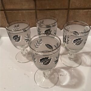 Vtg Libbey Silver Leaf Foliage Frosted Water Goblets Wine Glass MCM Barware 4